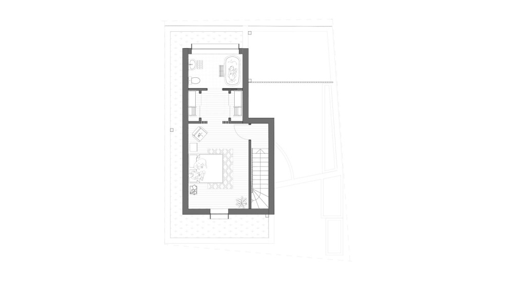 Layout plan for the first floor dedicated to a luxury and spacious master bedroom with a direct access to a en-suite bathroom and a walk-in closet.