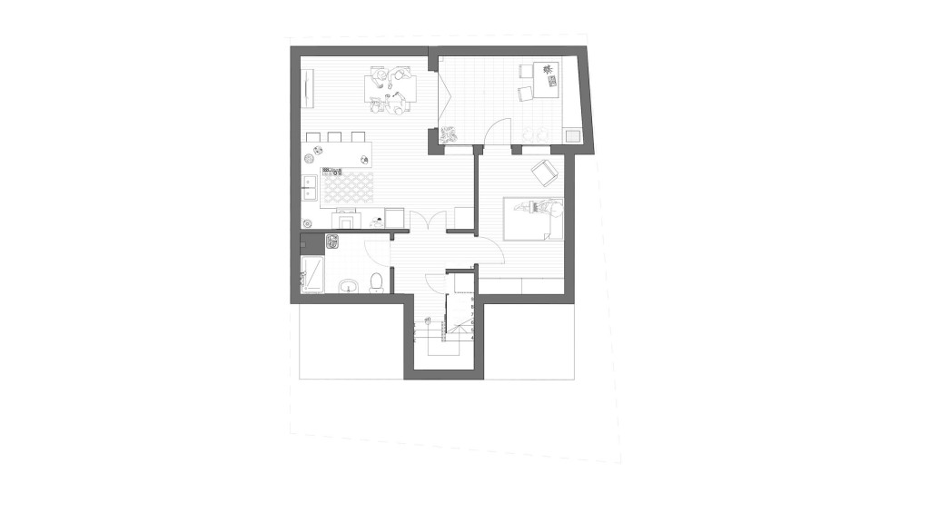 London RIBA chartered architect's floor plan propsal for the basement floor to include a large and open plan kitchen and dining room, separate spare living room and master bedroom with wardrobe storage and a bathroom.