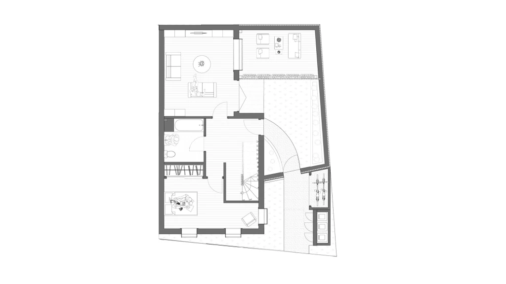 Architectural designer's proposal of a grey and black scaled floor plan to have the ground floor include a duo cycle storage, a private and gated entrance with a small green space to the front door, main family living room and a large l-shaped bedroom with a bathroom