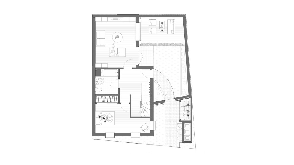 Architectural designer's proposal of a grey and black scaled floor plan to have the ground floor include a duo cycle storage, a private and gated entrance with a small green space to the front door, main family living room and a large l-shaped bedroom with a bathroom.