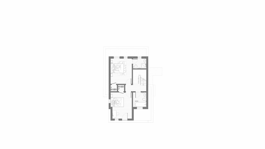 Proposed first floor layout of a new build detached house on an infill plot in the London Borough of Redbridge. This architectural drawing highlights two well-sized bedrooms, each with ample natural light, as well as a family bathroom and built-in storage spaces. The layout is designed to maximise space and comfort, ensuring privacy and convenience for the occupants.