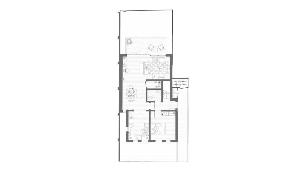 Proposed ground floor layout of a new build detached house on an infill plot in the London Borough of Redbridge. This architectural floor plan showcases an efficient design featuring a spacious open-plan living and dining area with direct access to a private rear garden, a well-appointed kitchen, a ground-floor bedroom, and a conveniently located bathroom. The layout maximises the use of the compact urban plot, balancing functionality with privacy and comfort.