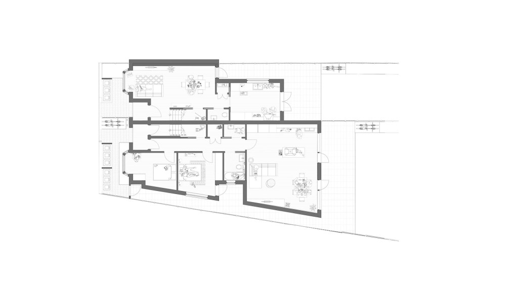 Detailed architectural floor plan of a proposed ground floor layout for new-build houses project by Urbanist Architecture. The plan includes precise room dimensions, furniture placements, and spatial arrangements for living areas, bedrooms, kitchen, and bathrooms. This design emphasises efficient use of space and modern living standards, providing a comprehensive overview of the ground floor configuration in high-quality new-build homes fitting seamlessly into a Victorian street.