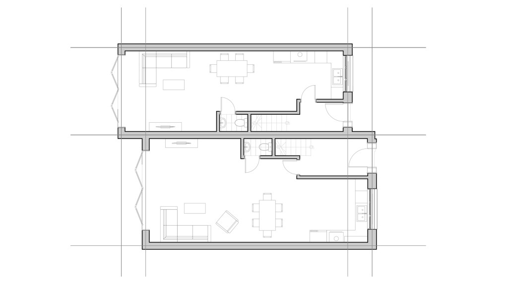 RIBA Chartered Architect's proposed floor plan layout including a kitchen with windows facing out to the front of the property whilst the dining and living space gives out directly to the back garden with large bifold windows