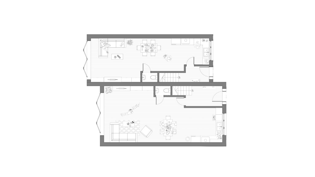 RIBA Chartered Architect's proposed floor plan layout including a kitchen with windows facing out to the front of the property whilst the dining and living space gives out directly to the back garden with large bifold windows.