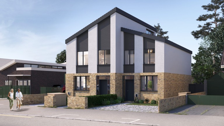 Street view of the planning permission drawings showcasing the different materials used on this modern take on semi-detached houses with light brown coloured brick, white and anthracite cladding as well as large windows and soft landscaping separating the two parking bays in front of the property