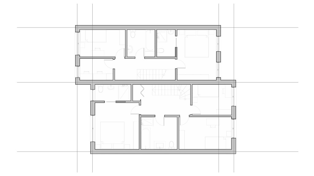 Proposed first floor layout plans submitting to the Local Planning Authority demonstrating that the larger semi-detached home will accomodate for three bedrooms, one with an en-suite and a separate bathroom whilst the secondary smaller property will allow for a two bedroom, one with en-suite, a secondary bathroom and study/office room