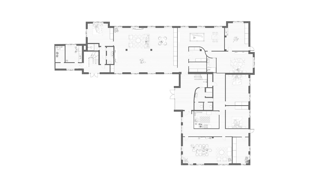 Proposed ground floor plan for an office-to-residential conversion project, detailing the transformation of a former office building into a luxurious family home. The layout showcases reimagined spaces, including bedrooms, living areas, and a dining room, designed to suit modern family living. Internal modifications like partition walls and refitted areas reflect thoughtful planning while adhering to Class MA guidelines, which require no external changes. This architectural design highlights the seamless transition from office to a countryside residence in Leamington Spa, focusing on functionality, comfort, and style.