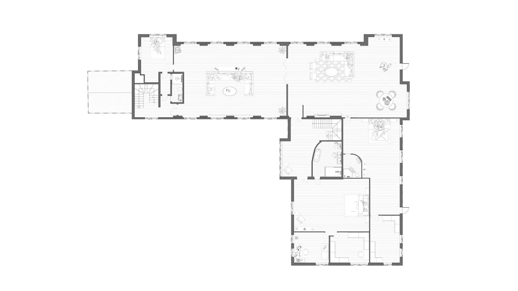 Proposed first-floor plan of an office building conversion into a luxury family home, showcasing the internal reconfiguration to accommodate residential living. The layout includes multiple bedrooms, living spaces, and bathrooms, designed with modern family needs in mind. Key design features such as spacious bedrooms, a large family room, and an expansive bathroom are evident. This transformation follows Class MA guidelines, meaning the changes are internal without altering the building's exterior. This floor plan is part of a suburban office-to-house conversion project in Leamington Spa, facilitated by Urbanist Architecture and approved by Warwick District Council.