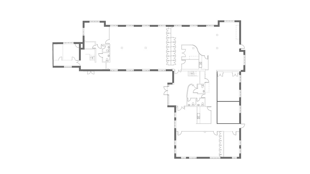 Architectural floor plan showing the existing layout of the ground floor for an office-to-residential conversion project. The diagram outlines the room configurations of the former office building, which will be reimagined into a luxurious family home. This detailed floor plan highlights the spaces that will undergo interior reconfiguration while preserving the building's external structure, aligning with Class MA requirements for office-to-house conversions. Located in Leamington Spa, the project showcases a thoughtful blend of functional transformation with minimal external alterations.