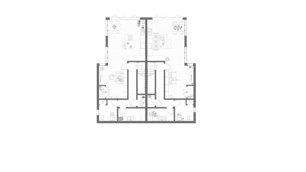 Proposed basement floor plan for two spacious contemporary semi-detached houses on Elstree Road, WD23. The layout includes detailed architectural designs for the lower level, featuring multiple rooms, functional spaces, and thoughtful planning to maximise the use of the sloping site. Each unit is meticulously arranged to provide ample living space and convenience, adhering to modern building standards and local authority guidelines. The plan reflects Urbanist Architecture’s expertise in creating efficient, comfortable, and visually appealing new build homes in suburban settings.