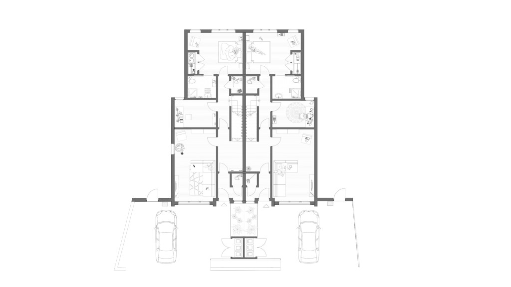 Proposed ground floor plan for two contemporary semi-detached houses on Elstree Road, WD23, designed by Urbanist Architecture. The detailed architectural layout features spacious living areas, modern kitchens, and well-planned entry points. Each unit includes multiple rooms designed for optimal functionality and comfort, reflecting the innovative approach to suburban housing. The plan showcases efficient use of space to accommodate parking, living, and dining areas, adhering to local planning authority guidelines. This design exemplifies bespoke architectural solutions tailored to the unique challenges of a steeply sloping site.