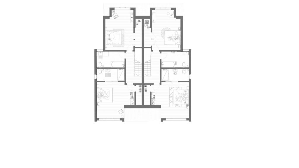 Proposed first floor plan for two contemporary semi-detached houses on Elstree Road, WD23, meticulously designed by Urbanist Architecture. This architectural blueprint details the upper-level layout, featuring spacious bedrooms with en-suite bathrooms, strategically positioned to maximise natural light and privacy. The plan also includes additional living areas, showcasing efficient space utilisation and modern design elements. This design aligns with the project's goal of creating comfortable, luxurious homes that complement the steeply sloping site, reflecting the innovative and bespoke approach to suburban residential architecture.