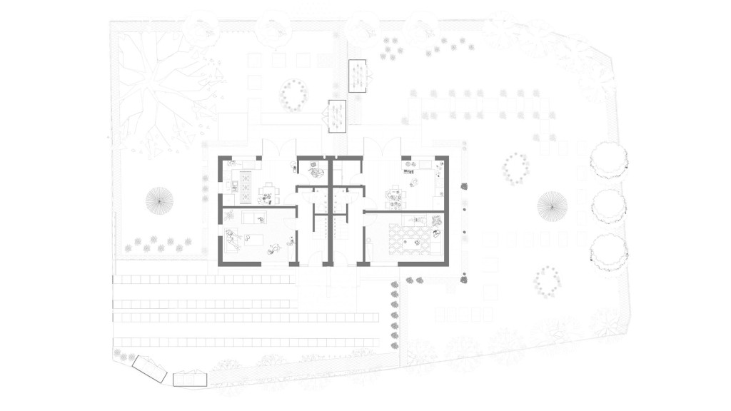 Architectural floor plan of the proposed ground floor layout for two semi-detached houses on Avebury Road, Bromley (BR6). The plan illustrates the new spatial arrangement, detailing living areas, kitchens, and entrance points for both homes. Surrounding the buildings, the layout includes extensive landscaping with trees, bushes, and designated garden spaces, emphasising environmental integration on Urban Open Space land. This detailed schematic is crucial for understanding the improvements and additions in the new development project.