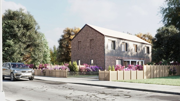 High-quality architectural rendering of semi-detached houses on Avebury Road, Bromley, designed by Urbanist Architecture. The image showcases two modern houses built on a plot designated as Urban Open Space. The houses feature brick facades with large windows, and are surrounded by lush landscaping, including vibrant flower beds and new trees. A car is parked in the driveway, emphasising the suburban setting.