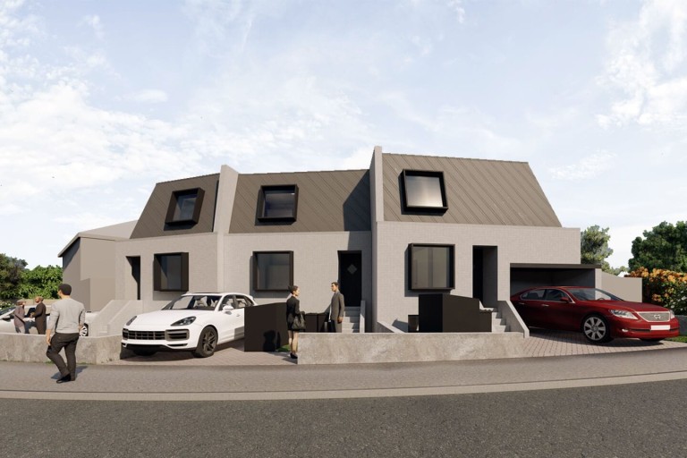 Architectural render of the proposal for the development of three modern grey townhouses  viewed from street level with anthracite window frames and front door, refuse strorage and private parking bay either covered or uncovered 
