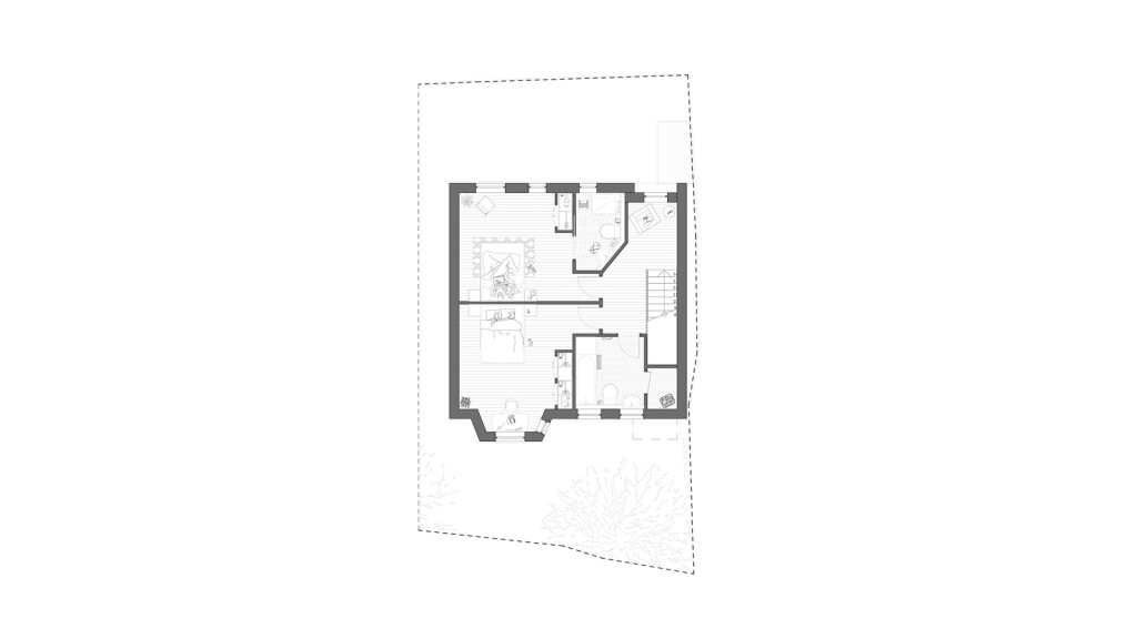 Proposed first floor plan for a three-bedroom house at SE7 8EB, Little Heath, London. This layout includes two spacious bedrooms, a family bathroom, and a master suite with an en-suite bathroom, all designed to maximise comfort and functionality. The floor plan reflects a thoughtful approach to modern living in an urban backland plot, blending privacy with efficient use of space. This new build aims to enhance the local housing market while maintaining harmony with the surrounding residential area.