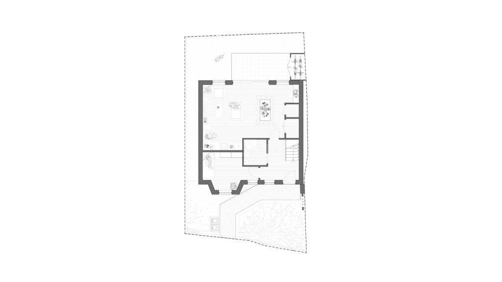 Proposed ground floor plan for a new three-bedroom house at SE7 8EB, Little Heath, London. The layout features an open-plan living and dining area, maximising the use of space in this urban backland plot. The design carefully integrates modern living spaces while ensuring privacy and minimal disruption to the existing streetscape. This new build is part of a development aimed at enhancing the local housing market and optimising the potential of a garden site within a dense residential area.