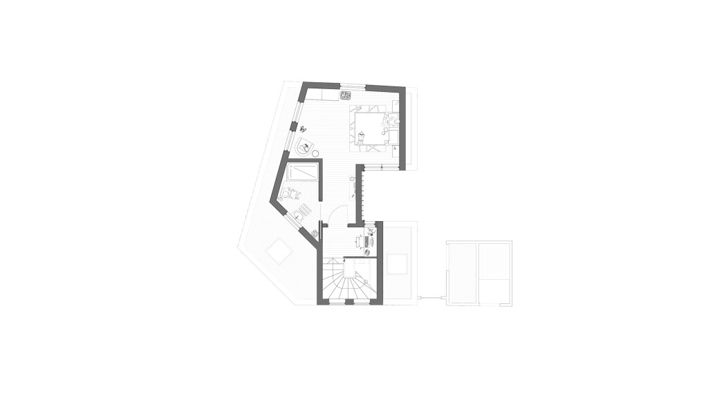 Floor plan of the proposed first floor for a one-bedroom backland house on Florence Road SE2, designed by Urbanist Architecture. This contemporary layout features a spacious bedroom, a modern bathroom with a bathtub, and a versatile study or work area. The design optimises space with efficient room arrangements, providing ample natural light through well-placed windows. This sustainable and innovative architecture is located near a busy Elizabeth Line station, offering an ideal urban living solution. This project, approved by Bexley Council, exemplifies high-quality, contemporary urban development in a suburban setting.