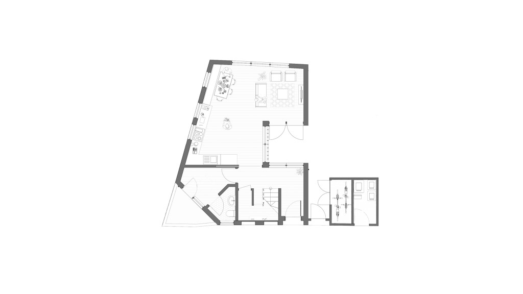 Floor plan of the proposed one-bedroom backland house on Florence Road SE2, designed by Urbanist Architecture. The layout features a spacious open-plan kitchen, dining, and living area with ample natural light from large windows. The design includes a modern bathroom, a comfortable bedroom, and integrated storage solutions. The sustainable architecture incorporates innovative use of space and a green roof. Located near the Elizabeth Line station, this thoughtfully designed small house optimises urban living, offering a contemporary and efficient home in a suburban setting. This project, approved by Bexley Council, exemplifies high-quality, sustainable urban development.