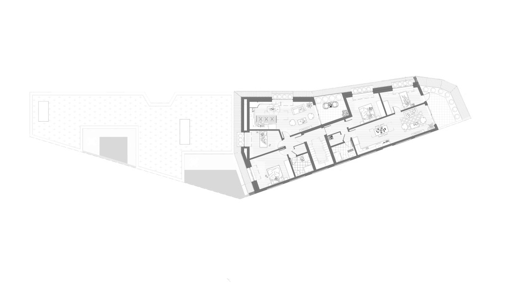 Detailed architectural floor plan of the proposed second floor showcasing a modern 7-flat residential development. The design emphasises the efficient use of space, featuring well-appointed living areas, bedrooms, and bathrooms, with an emphasis on natural light and privacy. The unique plot shape is expertly utilised to create comfortable, contemporary living spaces.