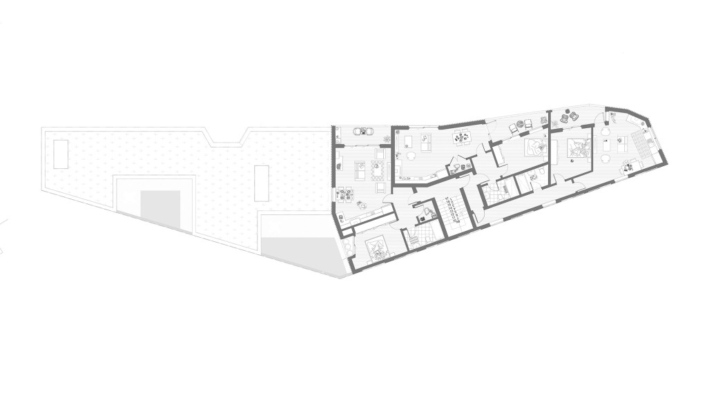 Architectural blueprint detailing the proposed first floor layout of a contemporary 7-flat residential development. This plan emphasises efficient space utilisation and modern living amenities, incorporating light-filled apartments, innovative design solutions for privacy, and integration with green roofing. The unique plot shape is maximised to provide comfortable living spaces while maintaining aesthetic coherence. Key features include open-plan living areas, bedrooms, bathrooms, and secure access. Ideal for urban development, residential architecture, and innovative housing solutions keywords.