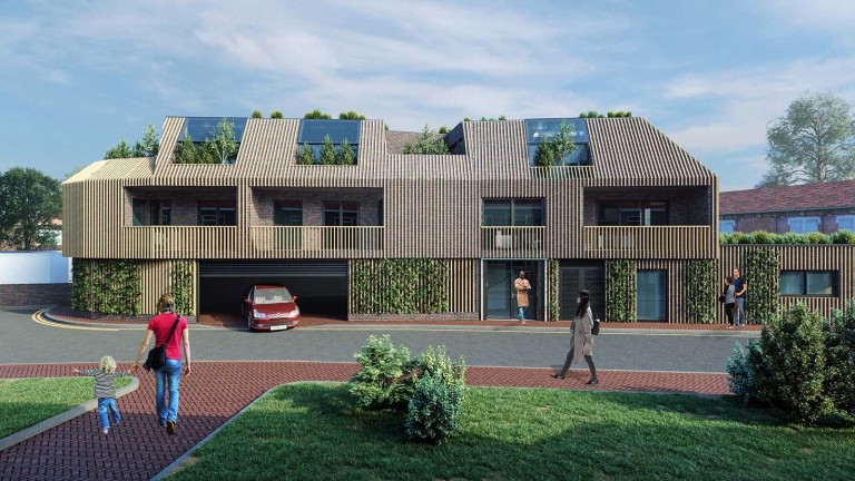 Hyper realistic architectural render of the street view to the proposed development with a red car exisiting the private and gated parking, details of the wooden slat facade and pale reddish brick work as well as the greenery placed inbetween the wooden slates as well as on the balconies next to large skylight windows