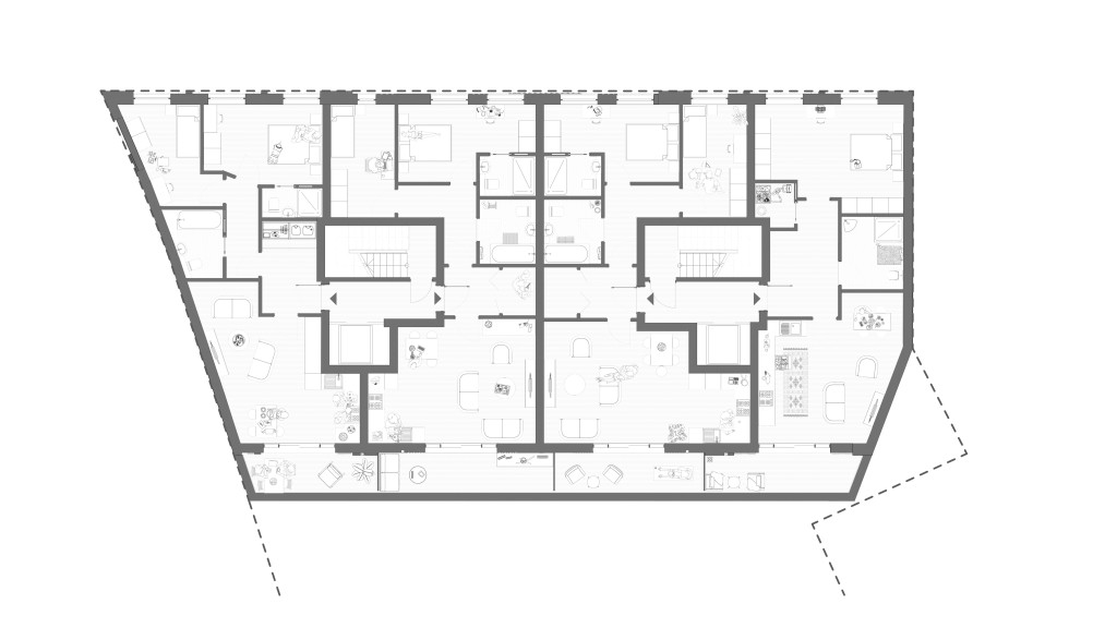 Detailed architectural floor plan of the proposed first floor in a modern new-build complex, featuring a layout of multiple apartment units with furniture icons representing interior design, and annotations for room dimensions and placements.