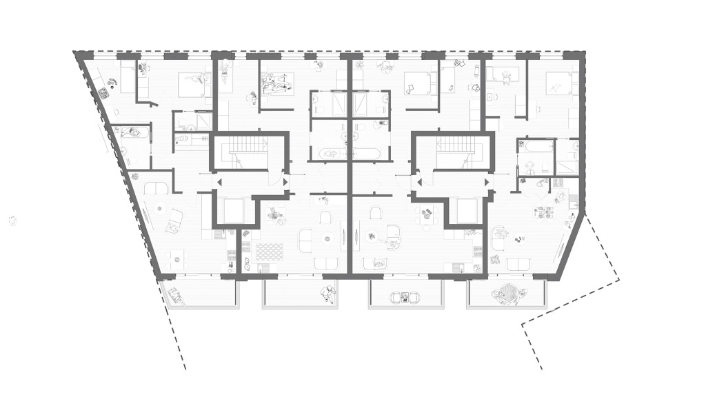 Proposed second floor architectural plan of a modern residential building, displaying a symmetrical arrangement of apartments with detailed furniture layout, room annotations, and design elements for an urban new-build property.