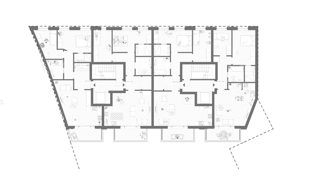 Proposed second floor architectural plan of a modern residential building, displaying a symmetrical arrangement of apartments with detailed furniture layout, room annotations, and design elements for an urban new-build property.