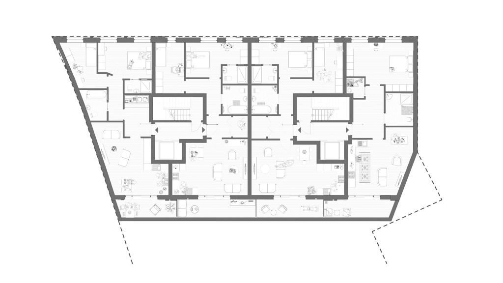Detailed architectural floor plan of the proposed first floor in a modern new-build complex, featuring a layout of multiple apartment units with furniture icons representing interior design, and annotations for room dimensions and placements.
