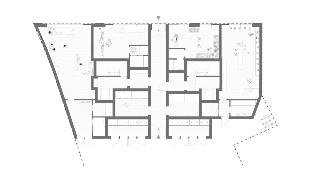 Architectural layout of a proposed ground floor plan for a modern new-build featuring a mixed-use layout with retail spaces and apartment units, detailed with furniture placement and interior design elements.