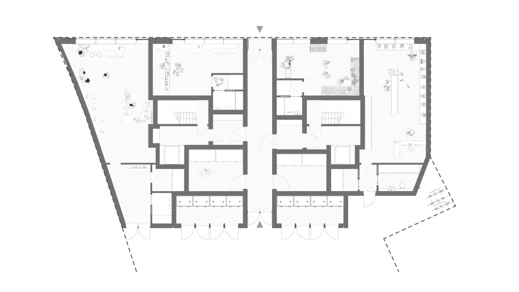Architectural layout of a proposed ground floor plan for a modern new-build featuring a mixed-use layout with retail spaces and apartment units, detailed with furniture placement and interior design elements.