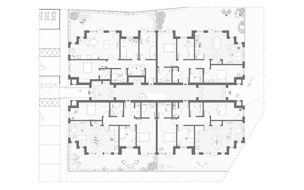 RIBA chartered architect's proposal of the ground floor to include parking bays, closed cycle and bin storage, four 3-bed flats as well as access to the rear communal private garden 