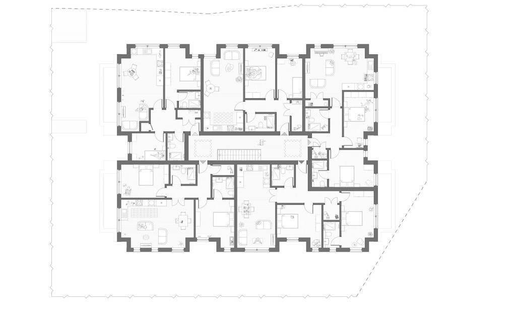 RIBA chartered architects proposal of the first floor to include five 2-bedroom units including two bathrooms and very spacious open plan living, formal dining and kitchen space