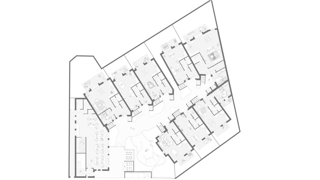 Ground floor plan of the proposed London infill development, showing the layout of two modern Class E commercial units fronting the street and the arrangement of family houses accessed from a car-free mews courtyard, including internal circulation, entrances, cycle storage and shared landscaped spaces on brownfield land.