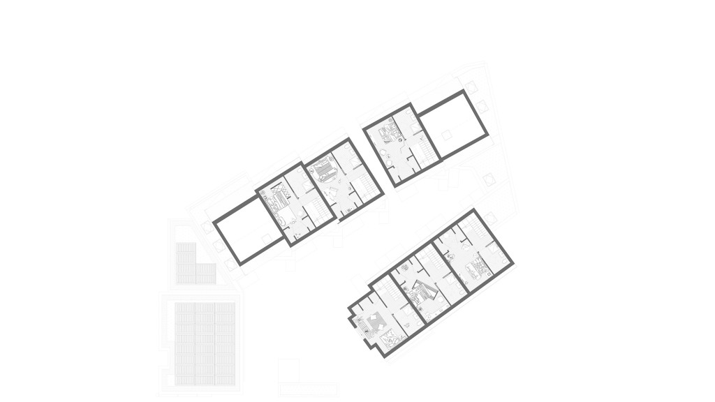 Second floor plan of the London infill development showing upper-level family house accommodation, roof-level relationships and efficient internal layouts, forming part of a modest, car-free mews of eight new homes sensitively inserted within an existing residential block.