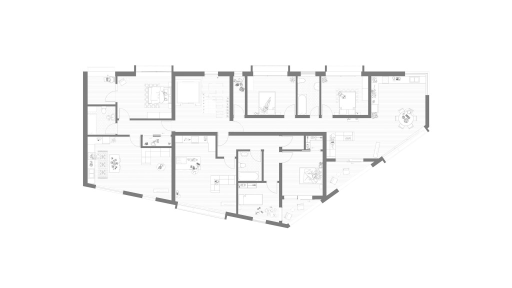 Proposed first floor plan for a new build apartment block at Sternhold Avenue, Streatham, London, created by Urbanist Architecture. This layout includes multiple residential units, each designed to optimise space, light, and functionality. The plan adheres to Lambeth Council's guidelines for apartment sizes and dual-aspect living spaces. Key features include efficient room distribution, contemporary design, and provision for modern amenities, aimed at enhancing urban living.