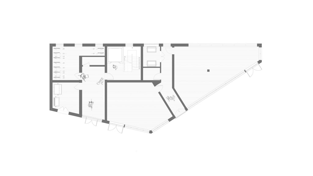 Floor plan of the proposed ground floor for a new build development at Sternhold Avenue, Streatham, London, designed by Urbanist Architecture. This plan details the layout of commercial units and residential amenities, adhering to Lambeth Council's guidelines. The design includes efficient use of space with clear zoning for retail and living areas, optimising functionality and accessibility in this conservation area project.