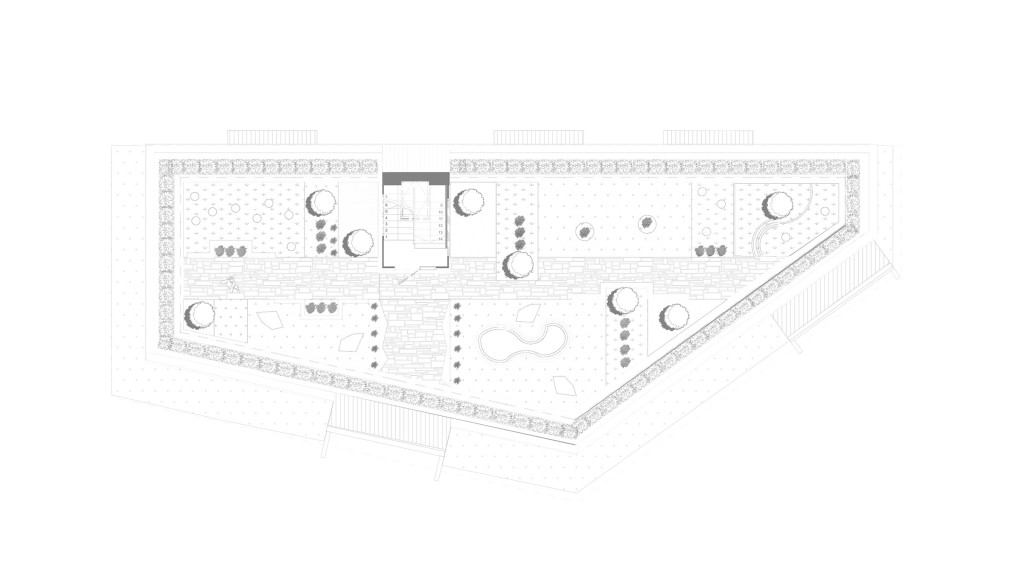 Proposed roof floor plan for a new build apartment block at Sternhold Avenue, Streatham, London, by Urbanist Architecture. This layout features a beautifully designed roof garden, providing communal outdoor space for residents. The plan includes landscaped areas with greenery, seating zones, and pathways, creating an urban oasis.