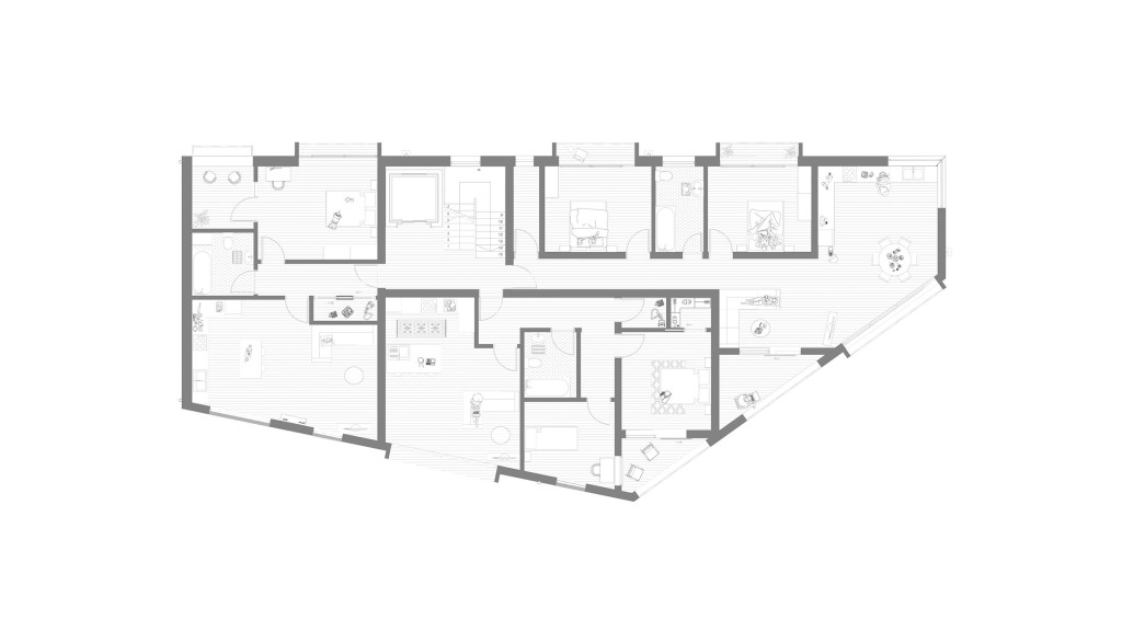 Proposed second floor plan for a new build apartment block at Sternhold Avenue, Streatham, London, by Urbanist Architecture. This layout features several residential units, optimised for space and light. The design complies with Lambeth Council's regulations for dual-aspect apartments and efficient room distribution. The plan highlights contemporary design elements and modern amenities to enhance urban living.