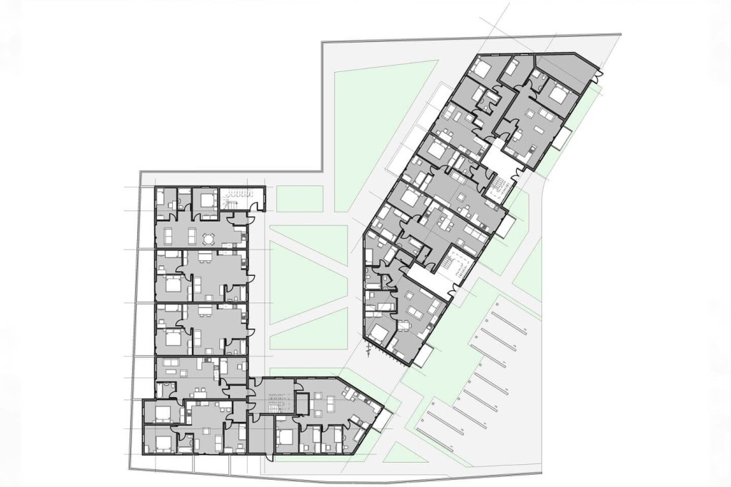 Architectural floor plan of St Paul's Court TW4 affordable housing project in Hounslow, designed by Urbanist Architecture. The proposed ground floor layout features a semi-perimeter block configuration, optimising space with dual-aspect flats. The design includes green spaces and a designated parking area for residents. The plan shows spacious, well-lit units with thoughtful positioning to maximise natural light and maintain privacy.