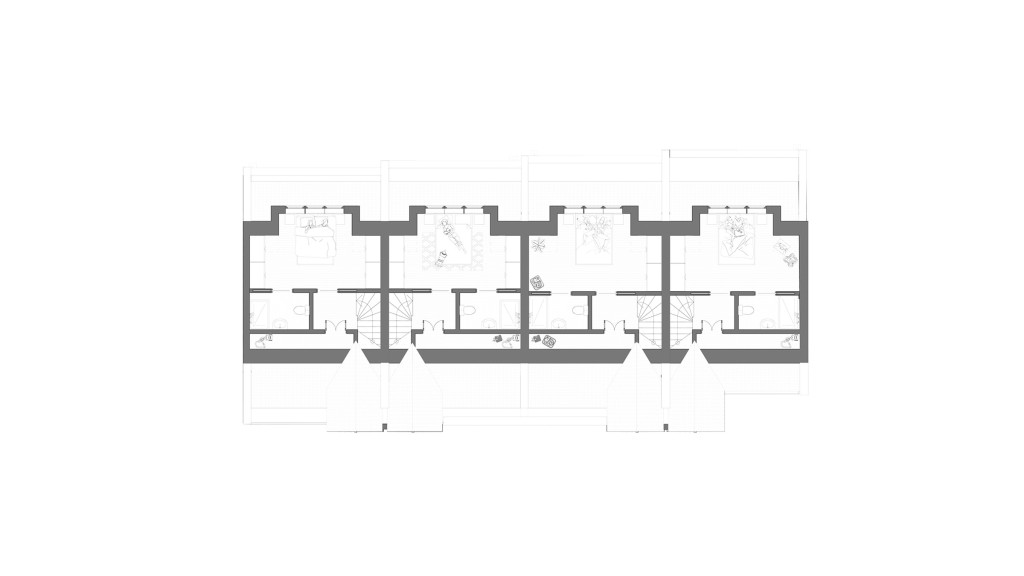 Architectural floor plan of the proposed second floor layout for a new housing development project. The plan details four residential units, each featuring spacious bedrooms, bathrooms, and additional living areas. The layout emphasises efficient use of space and modern design elements, ensuring a comfortable living environment. Key features include well-organised room arrangements and clear demarcation of functional areas, contributing to a cohesive and practical design for contemporary suburban housing.