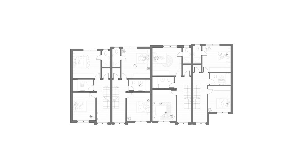 Architectural floor plan of the proposed first floor layout for a new housing development project. The plan shows four residential units, each with well-defined bedrooms, bathrooms, and additional living spaces. Detailed furniture arrangements indicate the functional use of each room, highlighting spacious and efficient design. This layout is designed to maximise comfort and modern living standards, ensuring ample space for residents in a suburban setting.