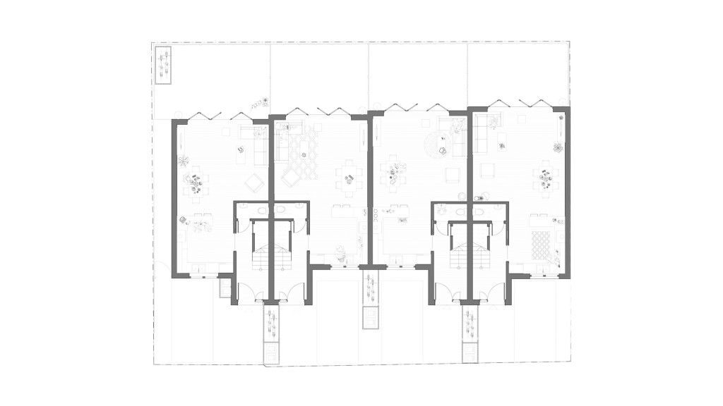 Architectural floor plan of the proposed ground floor layout for a new housing development project. The plan features four distinct units, each with spacious living and dining areas, kitchens, and entry points. The layout includes detailed furniture arrangements and highlights the division of spaces to optimise functionality and comfort. This design reflects a modern approach to suburban housing with an emphasis on open, interconnected living spaces.