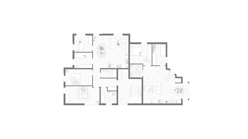 Architectural floor plan of the proposed first floor for new build flats on Wembley Hill Road, HA9, Brent Council. This detailed layout highlights multiple apartments, each with a spacious open-plan kitchen and living area, well-sized bedrooms, and modern bathrooms. The design ensures optimal use of space, promoting natural light and functional flow to meet contemporary living standards.