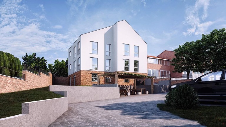 Architectural visualisation of the proposed new build flats on Wembley Hill Road, HA9, Brent Council. This image illustrates a modern three-storey building replacing an existing family dwelling, featuring a clean, contemporary design with white render and brick accents. The structure includes multiple flats with large windows, landscaped surroundings, and a well-planned parking area, seamlessly blending with the suburban environment. 