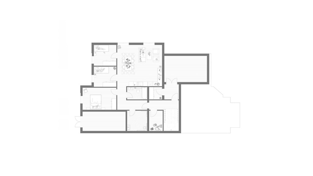 Architectural floor plan of the proposed ground floor for new build flats on Wembley Hill Road, HA9, Brent Council. This detailed layout showcases the strategic design of living spaces, including a spacious open-plan kitchen and living area, multiple bedrooms, bathrooms, and essential utility spaces. The plan emphasises optimal space utilisation, natural light access, and functional flow, meeting modern living standards while adhering to planning regulations for suburban developments.