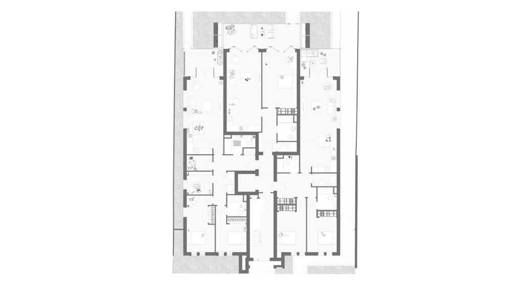 Architectural floor plan of a proposed ground floor layout for a residential building, showcasing a detailed arrangement of multiple units with designated living spaces, bedrooms, kitchens, and bathrooms.