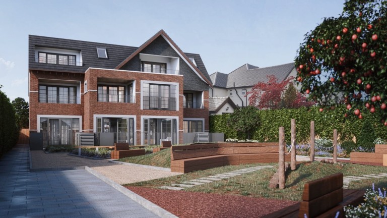 3D visualisation of a modern brick apartment building with gabled roofs, large windows, landscaped gardens, and a cobblestone pathway, set against a backdrop of mature trees and a clear sky.